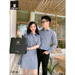 Set Áo Sơ Mi Váy Đôi FIGTREE Caro Xám  Trẻ Trung Mã 126A