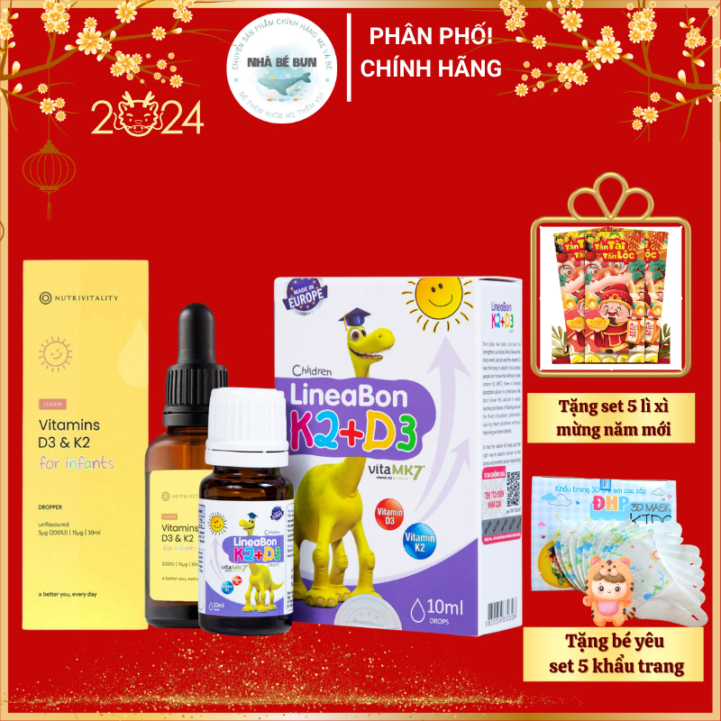 Vitamin D3k2 Mk7 Nutrivitality và Lineabon  - D3 K2mk7 Tăng Cường Hấp Thu Canxi, Hỗ Trợ Tăng Chiều C