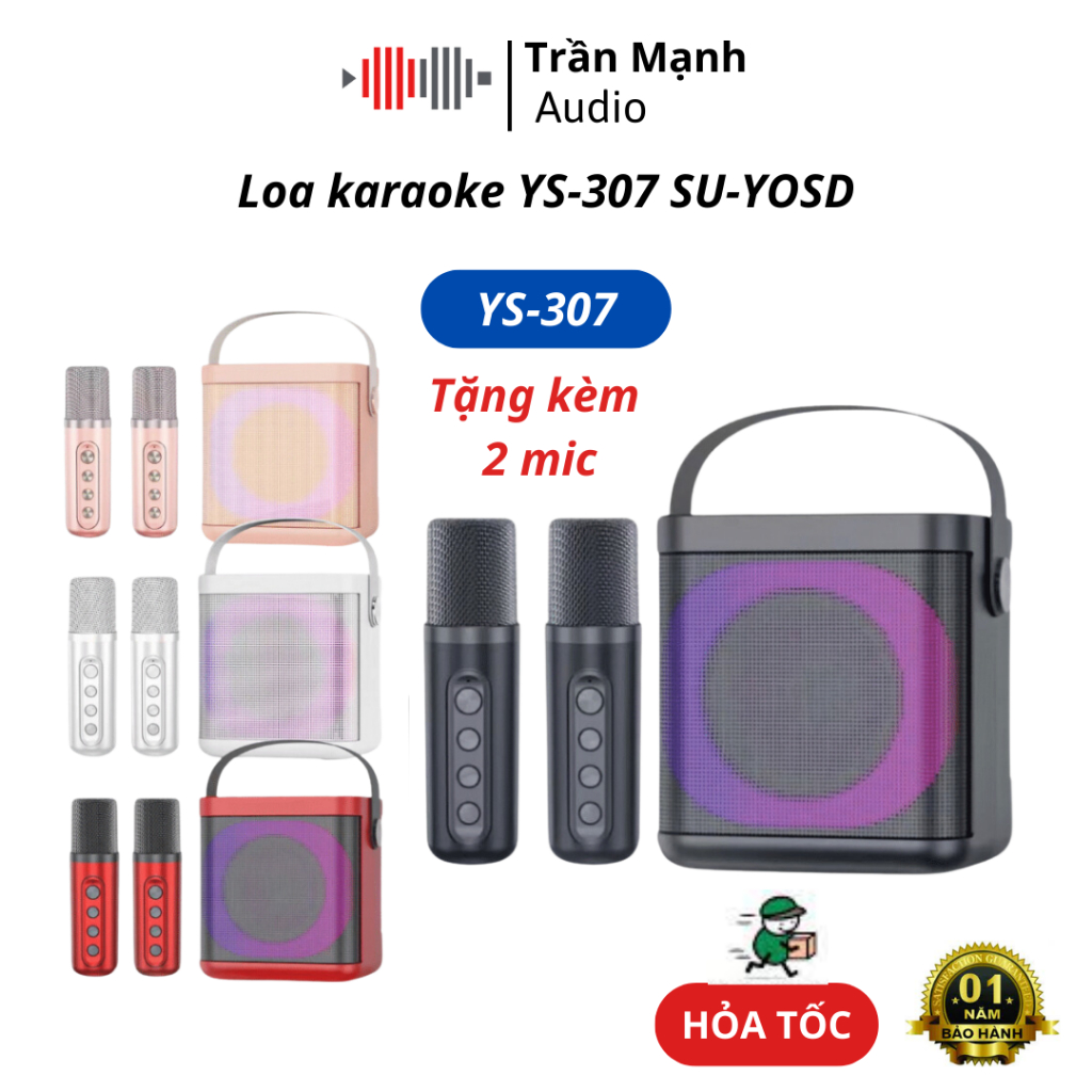 Loa karaoke YS-307 SU-YOSD - Loa mini tặng kèm 2 mic, màu sắc và kiểu dáng bắt mắt, có đèn nhấp nháy và chế độ đổi giọng