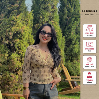 Áo thun bigsize len hoa 34AK027 34 Bigsize, áo kiểu tay dài chất thun len co giãn, áo cổ V cho nữ