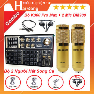 Bộ Hát Livestream Karaoke, 2 Người Hát Song Ca, Combo Micro Thu Âm BM 900, Sound Card K300 Pro Max - Tặng 2 Tai Nghe AKG