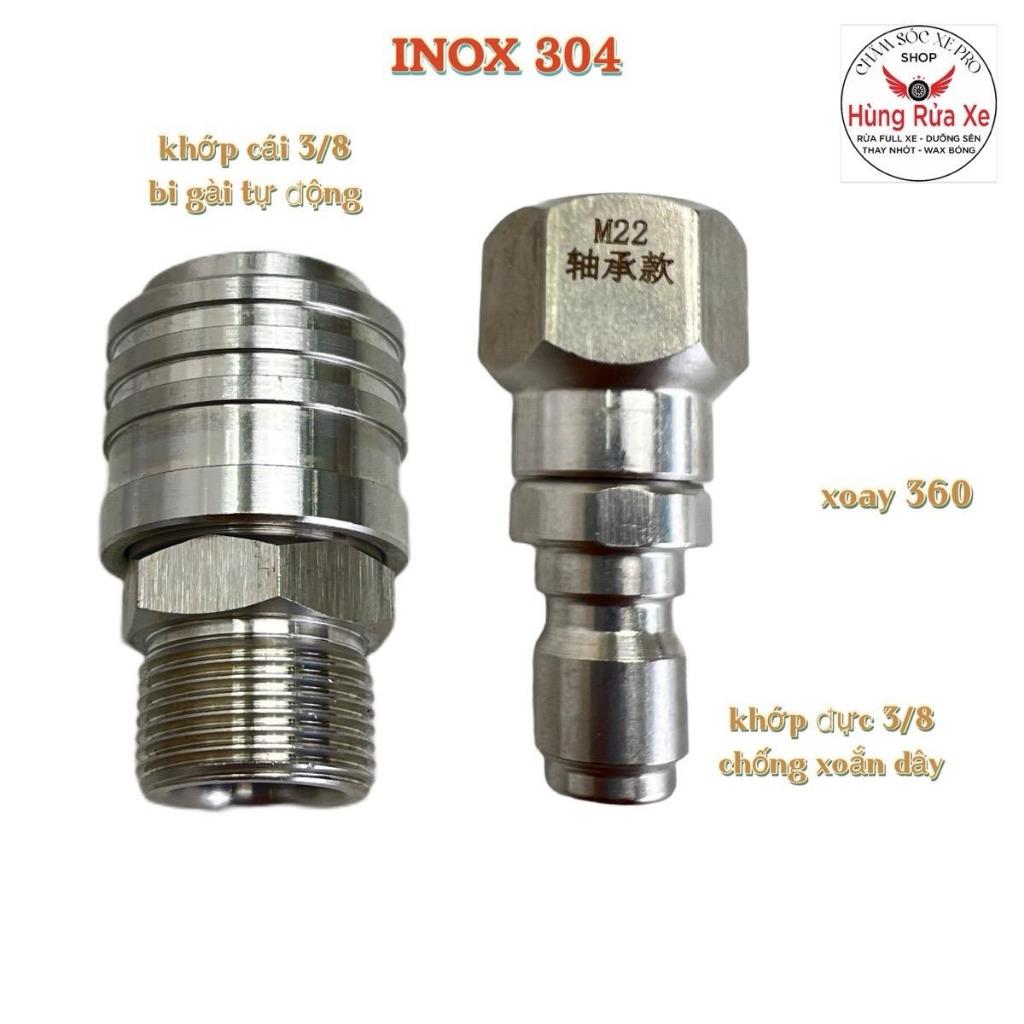 Khớp Nối Nhanh Bi Gài Tự Động 3/8 và Chống Xoắn Dây Cho Máy Tửa Xe INOX304 (Ren 22 -14mm và Ren 22 -