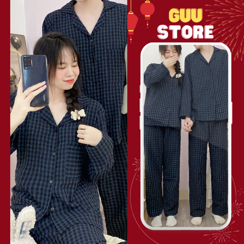 Đồ bộ ngủ đôi nam nữ pyjama kẻ caro dài tay couple dễ thương DN97_CP - Guu Store