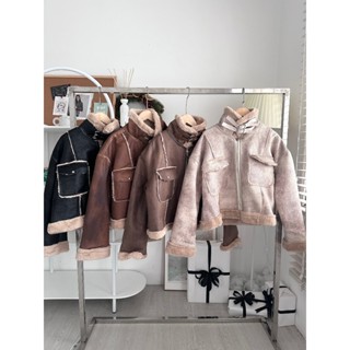 K473 Áo khoác da lộn phối lông thỏ dáng lửng có đai cổ AUDREY