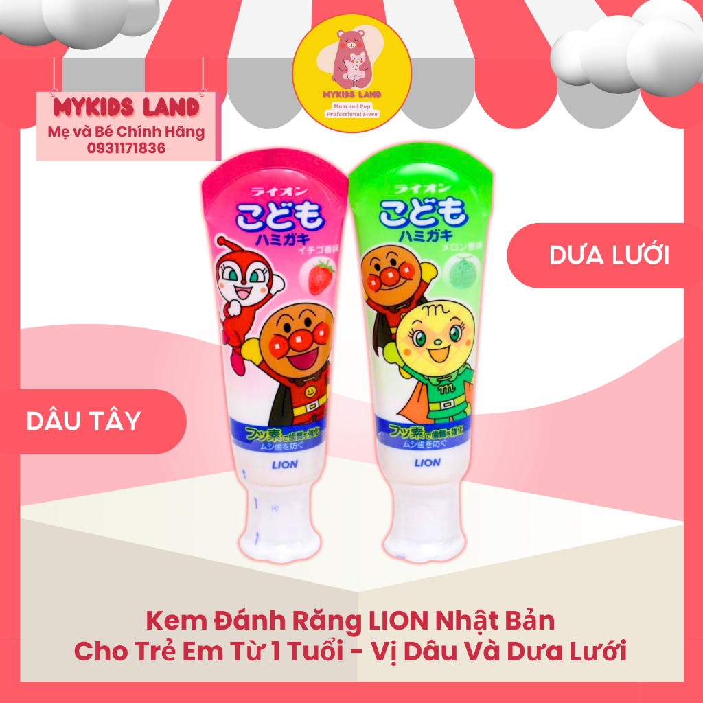 Kem Đánh Răng Lion Nhật Bản cho Trẻ Em Từ 1 Tuổi Hương Dâu ( Hồng ) / Dưa gang ( Xanh lá ) 40g