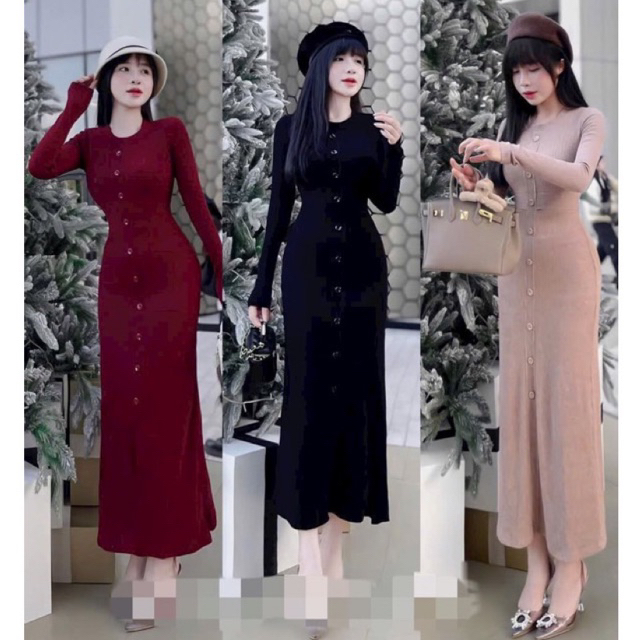 Đầm Body cổ tròn tay dài Phối nút chất thun gân (Phong cách đơn giản sang chảnh)