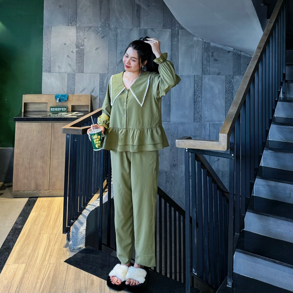 Bộ đồ Pijama nữ cổ bèo phối ren xinh xắn P42 tay dài quần dài