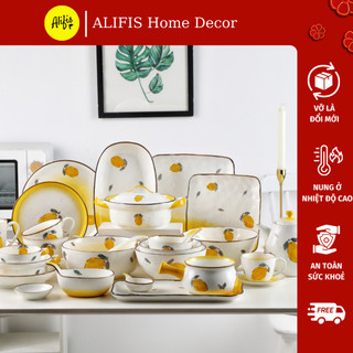 Bộ bát đĩa sứ men tiêu cao cấp họa tiết chanh vàng Alifis