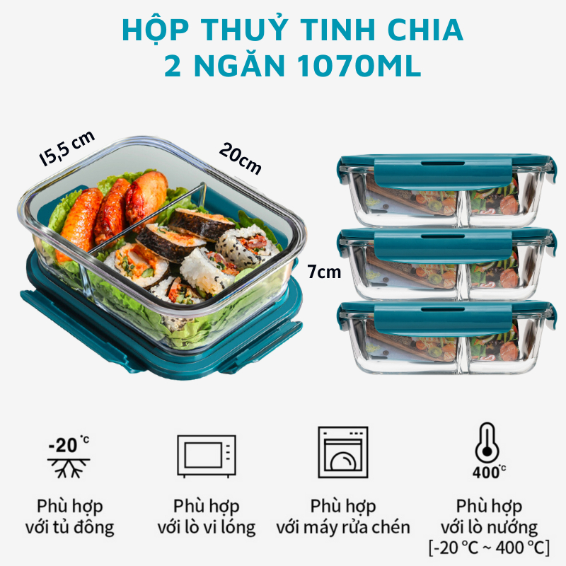 Hộp cơm văn phòng chia ngăn YEAHCOOK, Hộp đựng cơm thuỷ tinh, đựng thực phẩm đồ ăn chống tràn quay lò vi sóng