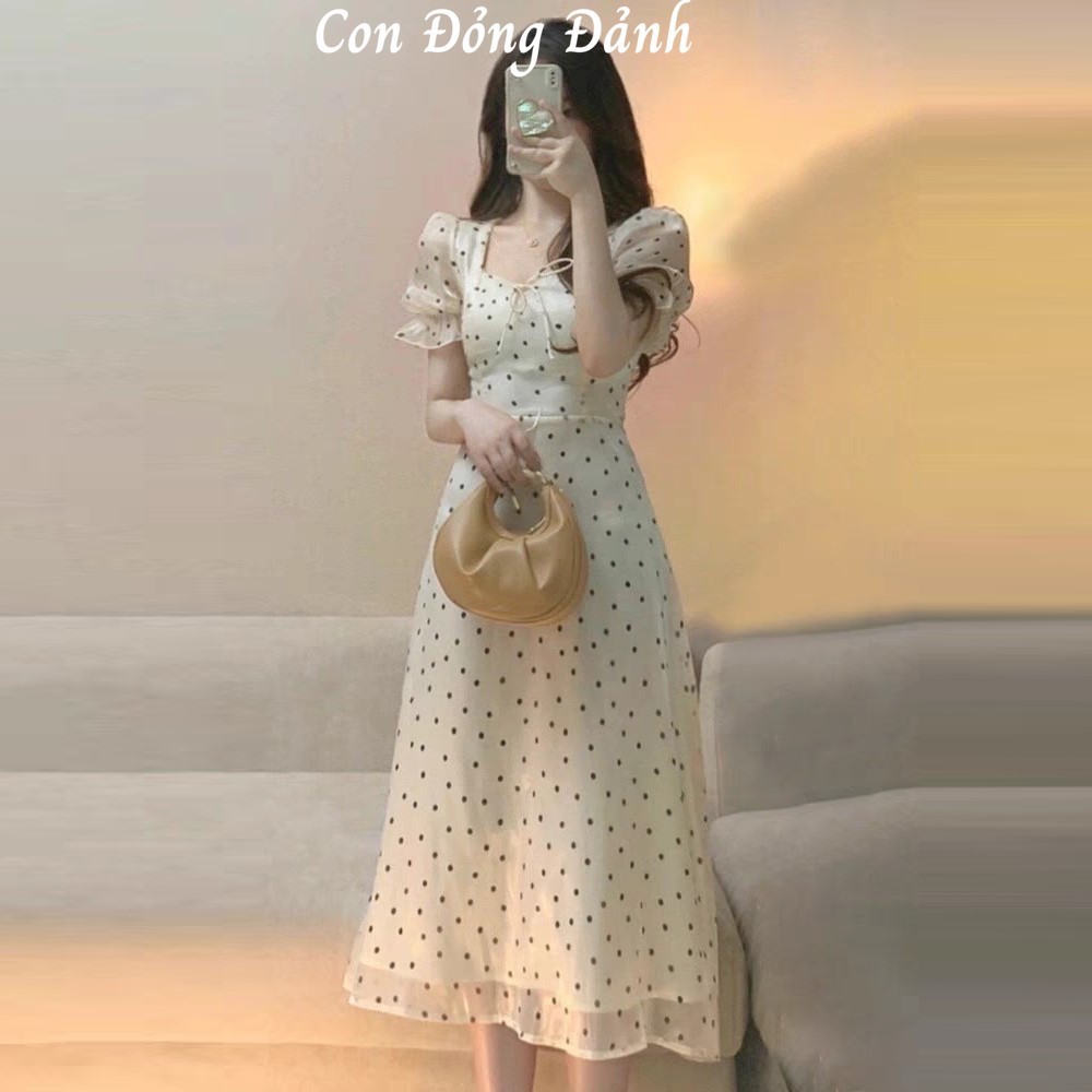 Đầm Dáng Dài Ôm Eo Họa Tiết Chấm Bi - Đầm Tay Phồng Chiết Eo Thanh Lịch Order Taobao Con Đỏng Đảnh VD089