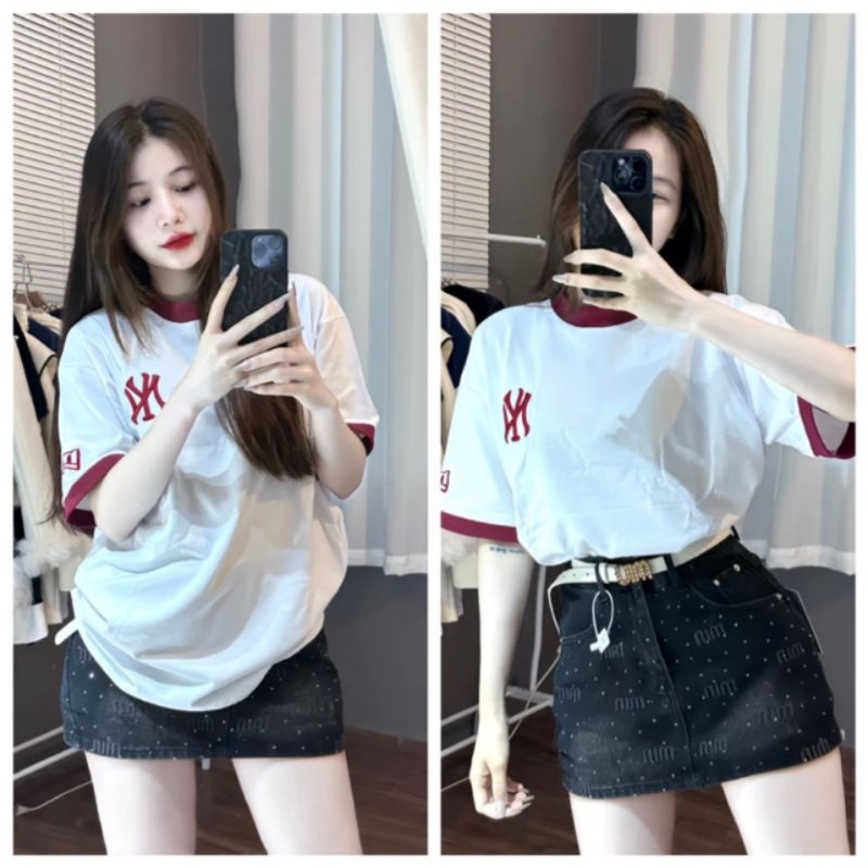 Áo thun tay lỡ cotton KHÔ THÊU LOGO N.Y.form rộng tay lỡ Unisex Oversize