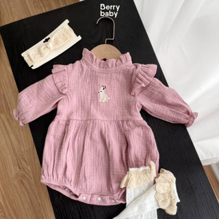Bộ liền thân bodychip dài tay kèm mũ cho bé gái sơ sinh BERRYBABY vải xô mềm mịn thêu hình thỏ đáng yêu BUNNY