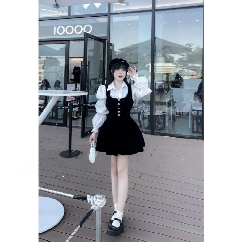 Set váy yếm nhung+áo sơ mi,set váy nhung xoè chiết eo babydoll kèm áo sơ mi trắng nhún bèo Winny Store