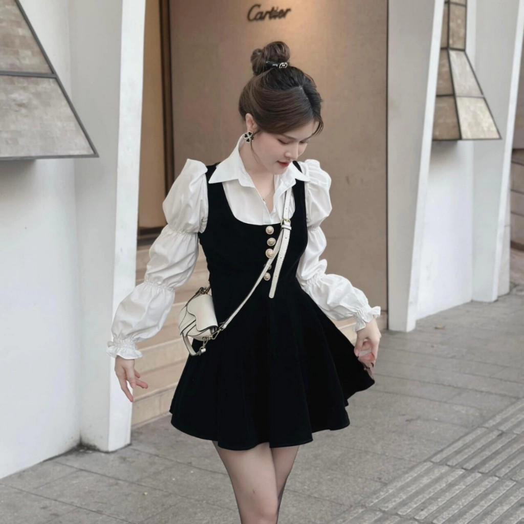 Set váy yếm nhung+áo sơ mi,set váy nhung xoè chiết eo babydoll kèm áo sơ mi trắng nhún bèo Winny Store