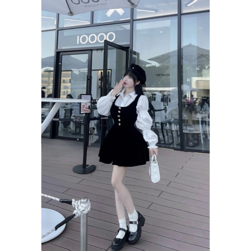 Set váy yếm nhung+áo sơ mi,set váy nhung xoè chiết eo babydoll kèm áo sơ mi trắng nhún bèo Winny Store