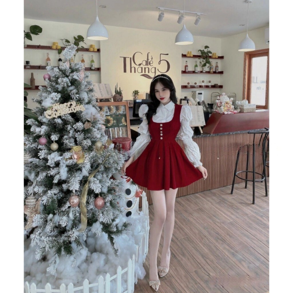 Set váy yếm nhung+áo sơ mi,set váy nhung xoè chiết eo babydoll kèm áo sơ mi trắng nhún bèo Winny Store