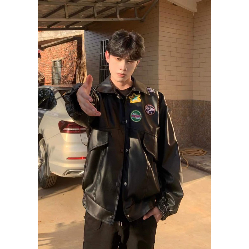 Áo Khoác Da Thêu Logo, Áo Khoác Bomber Da Unisex Nam Nữ Tay Bồng Form Dáng Rộng có túi Ulzzang