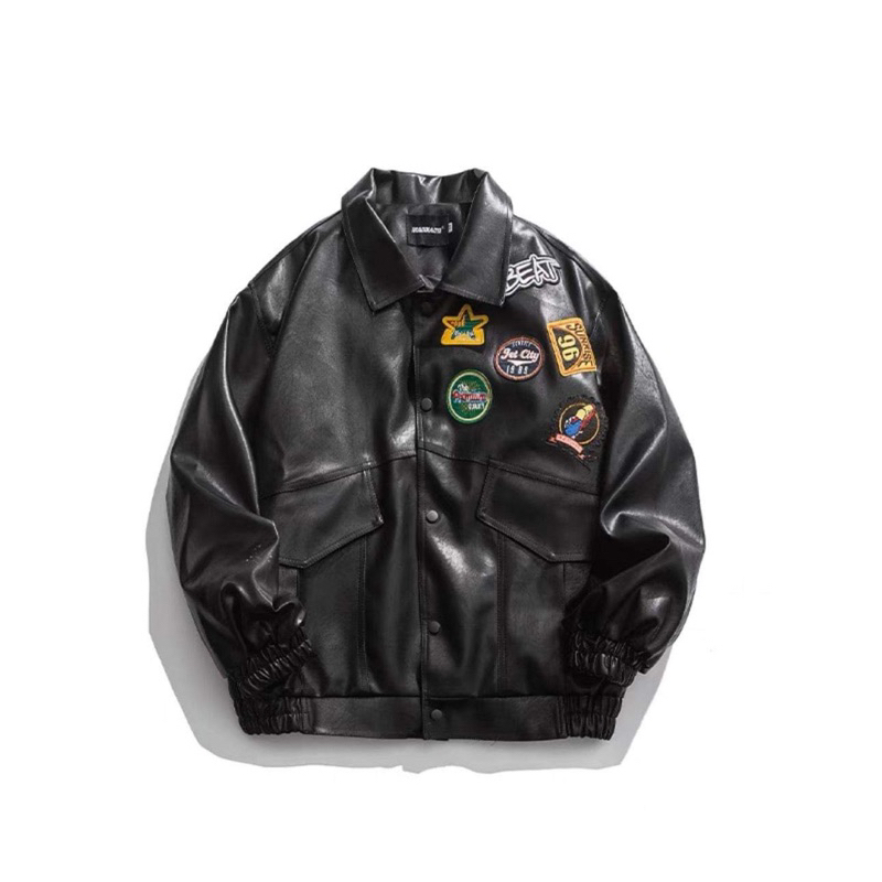 Áo Khoác Da Thêu Logo, Áo Khoác Bomber Da Unisex Nam Nữ Tay Bồng Form Dáng Rộng có túi Ulzzang