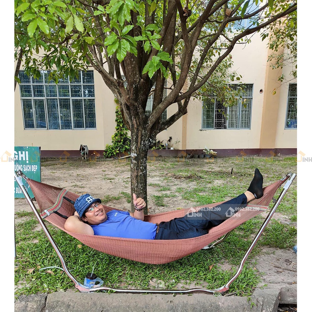 Võng xếp inox cao cấp Deli Lani Qui Phúc chịu tải 200Kg, giá võng inox có lưới tặng kèm gối nằm