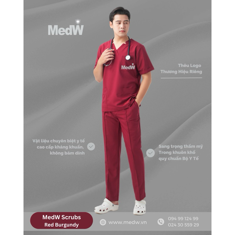 MedW Apollo Scrubs Y Tế Red Burgundy (Nam) Đỏ Rượu Vang Trang Phục Y Tế Bác Sĩ, Điều Dưỡng Thiết Kế Pháp Cách Tân