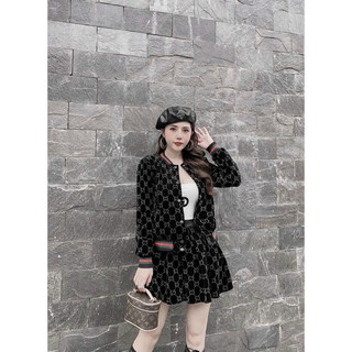 Bộ đồ nữ, bộ áo nhung bomber lót lông cừu + chân váy nhung xếp ly có lót quần chuẩn tag hoa hàng cao cấp