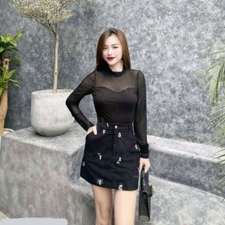 Áo thun phối lưới tay dài cổ cao dáng ôm phong cách gợi cảm dành cho nữ