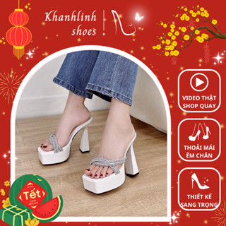  Giày cao gót đúp đế vuông quai ngang đính đá xoắn guốc nữ mũi vuông 12 phân hở mũi 