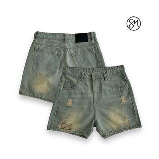 Quần short jean trên gối không cắt gấu ống rộng loang rách 1190