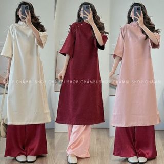 Set áo dài cách tân nữ, Set áo dài cách tân nữ cổ tàu tay lửng dáng rộng có 2 nơ vai