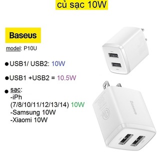 Củ sạc 5v-2a 10w baseus 2 cổng sạc usb sạc nhanh xs xr xsmax 8plus 7plus 6plus