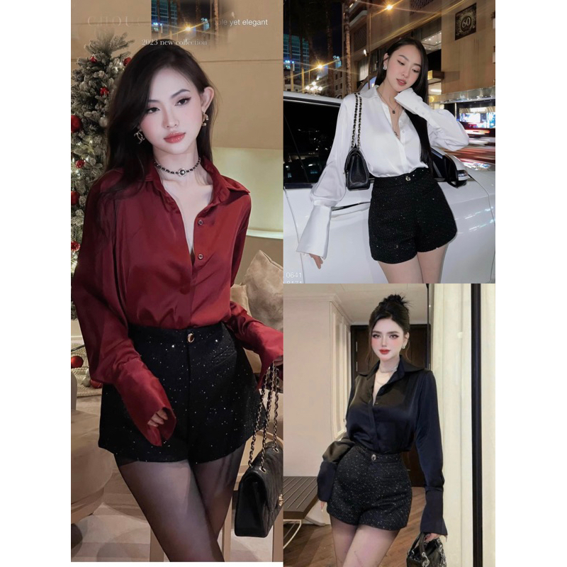 Set Áo Sơ Mi lụa L1 kèm quần sooc dạ kim sa bling cạp cao. Thời trang dành cho nữ mặc quanh năm by Đào Uyên