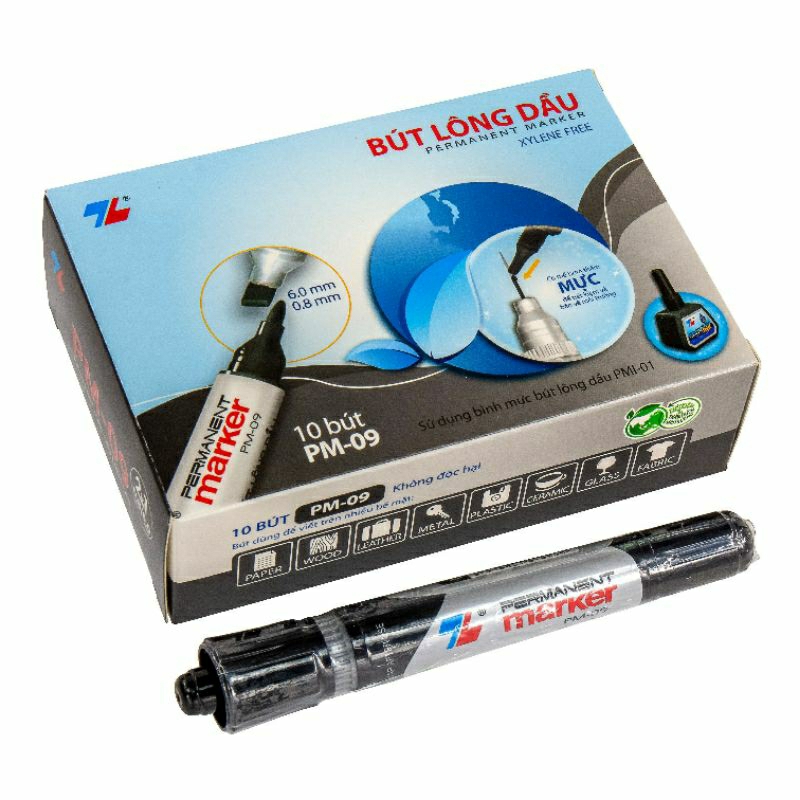 Bút lông dầu Thiên Long PM-09, 2 đầu bơm mực, nét to 6.0mm và nhỏ 0.8mm
