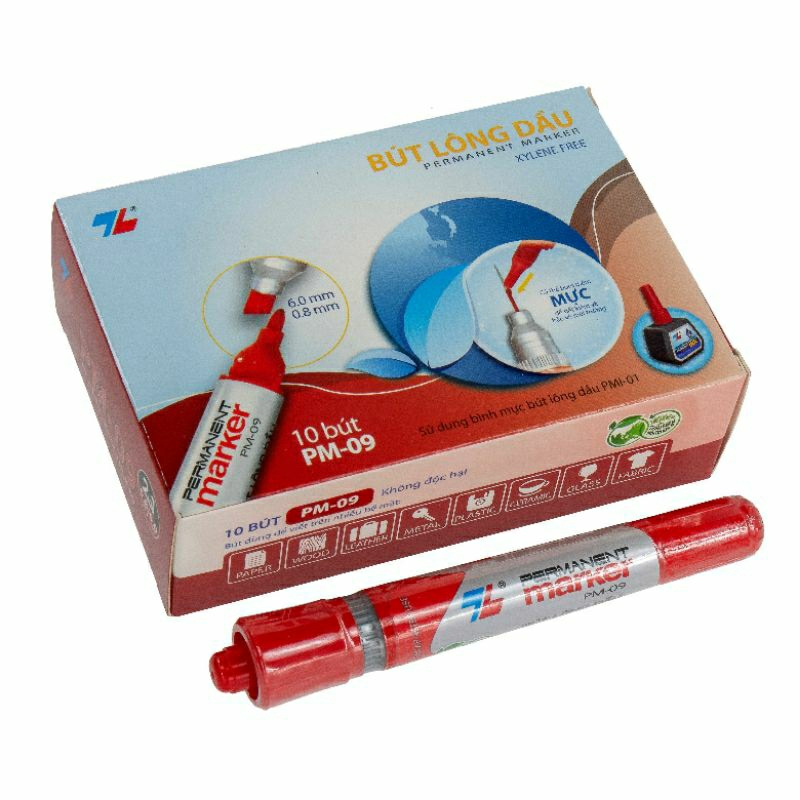 Bút lông dầu Thiên Long PM-09, 2 đầu bơm mực, nét to 6.0mm và nhỏ 0.8mm