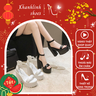 Giày sandal cao gót đúp đế trước da pu xăng đan đế vuông răng cưa 14 phân siêu nhẹ