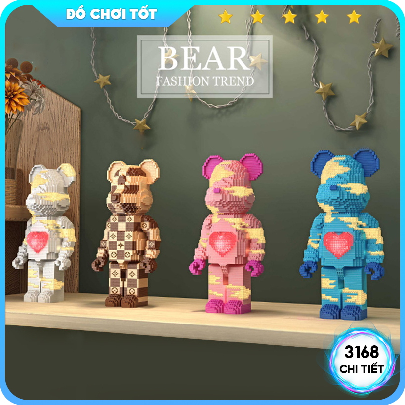 Bộ đồ chơi lắp ráp lego bearbrick 3168 chi tiết, xếp hình lego bearbrick gấu có đèn LED cao 31cm mãnh ghép lego