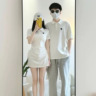  Đồ đôi nam nữ ❤️FREESHIP❤️ trang phục váy thun dạng ôm thêu hình kết hợp áo thun có cổ polo tay ngắn màu trắng AV229 
