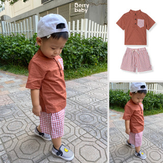 Set bộ quần áo bé trai BERRY sơ mi cổ tàu và quần đùi vải thô MATEO