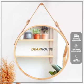 gương trang điểm gương tròn treo tường viền gỗ có nhiều kích thước có kèm dây thừng và núm gỗ treo tường cực xinh