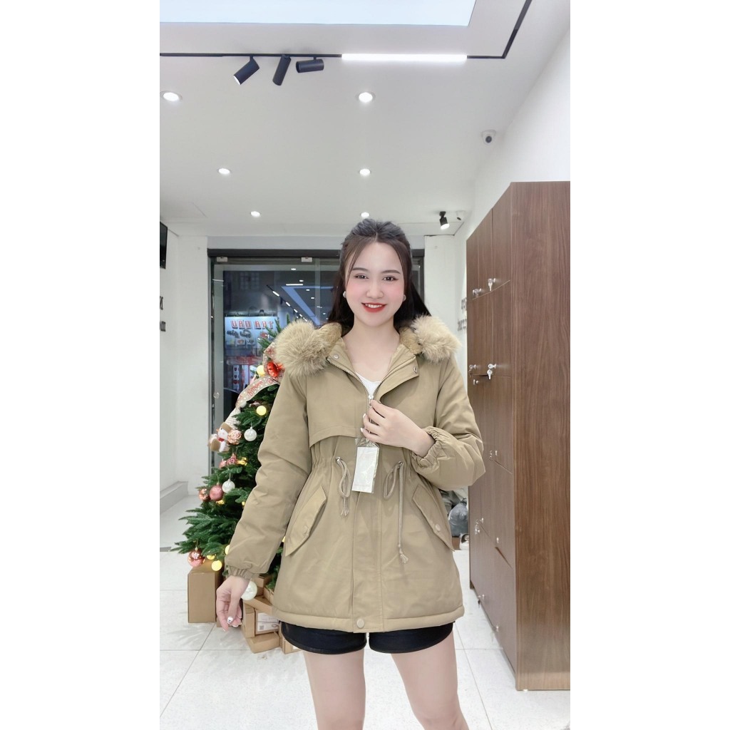 Áo khoác Parka Kaki nữ  801 trần lông siêu ấm đại hàn lót lông lông mũ tháo rời tiện lợi thiết ngắn Eva Lover