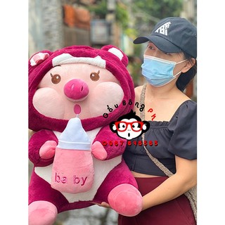 Gấu bông heo bình sữa cosplay gấu dâu 55cm và gấu bông trà sữa