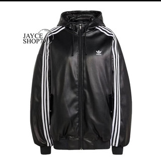 Áo khoác bomber da adidas mũ trùm đầu 3 sọc tay áo 2 lớp cao cấp - áo khoác bomber nam nữ da adidas 3 sọc trắng hot tren