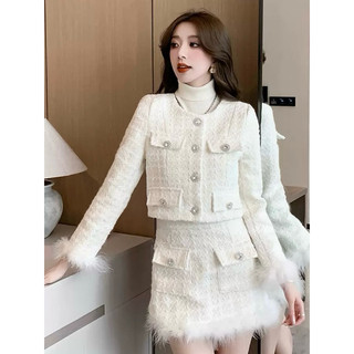 Set dạ tweed trắng phối viền lông YIMI kèm chân váy