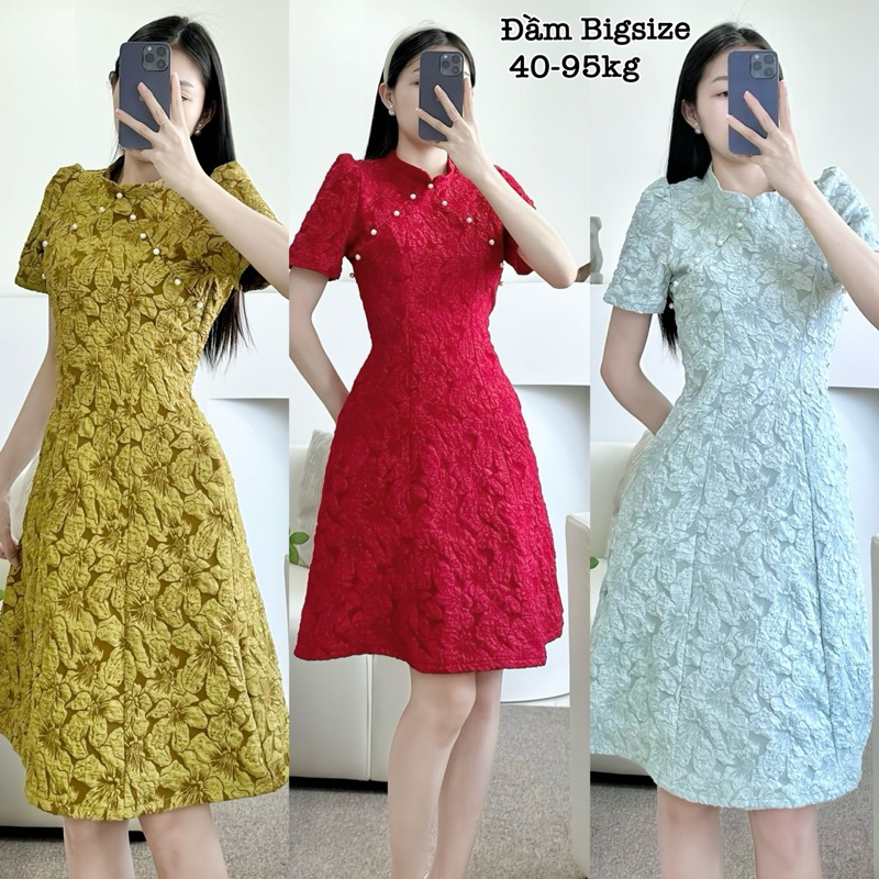 (HCM) Đầm Nữ Bigsize Sườn Xám Chất Vải Gấm Tơ Thêu Hoa Nổi Ngọc Trai Cao Cấp Thiết Kế Dự Tiệc Tay Ng