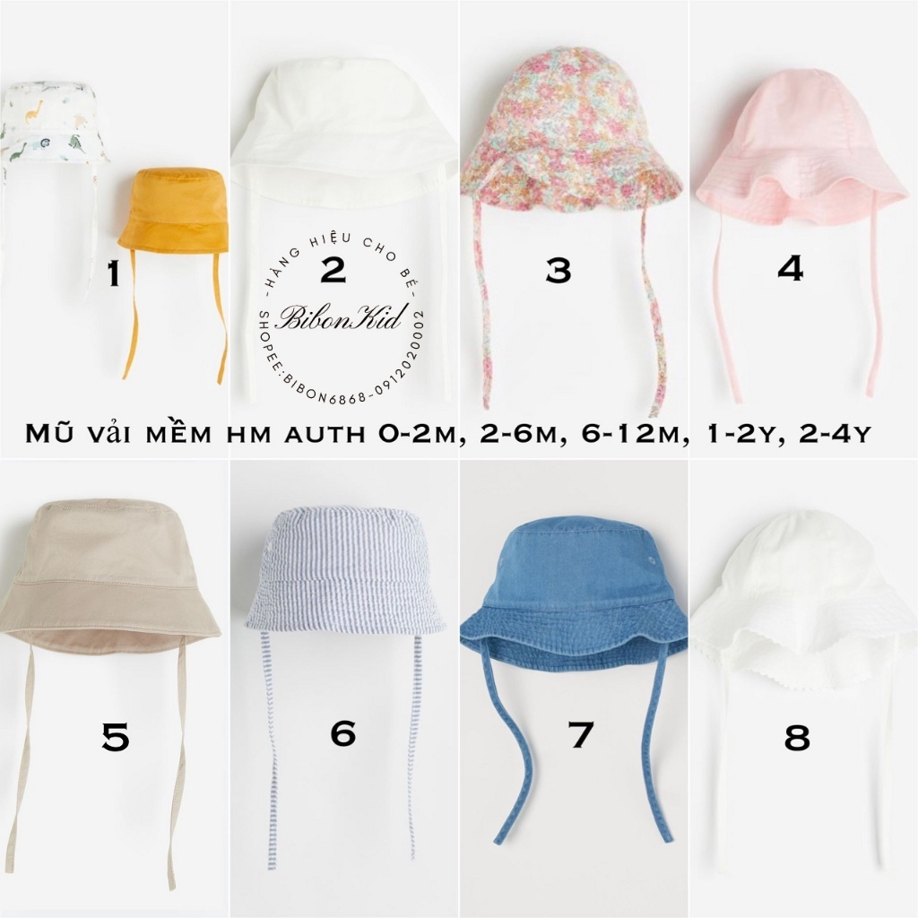 Mũ vải mềm bé trai,bé gái HM ES/US/UK/JP size 0-2m, 2-6m, 6-12m, 1-2y, 2-4y