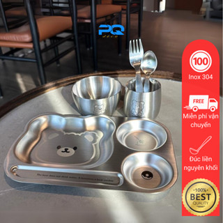 Khay ăn dặm cho bé hình thú dễ thương bộ đồ ăn mẫu giáo bát cốc thìa dĩa khay 3 4 5 ngăn inox 304