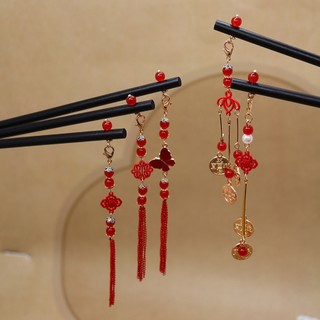 Trâm cài tóc tua rua đỏ cán gỗ phong cách cổ trang dùng búi vấn tóc cosplay cổ phục