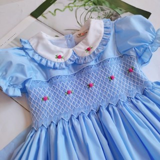 Váy đầm Smock xanh cổ sen, tay búp cho bé gái 6kg - 32kg