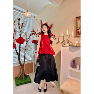 Set 3 món áo đỏ form suông a thắt nơ eo + chân váy đen xoè