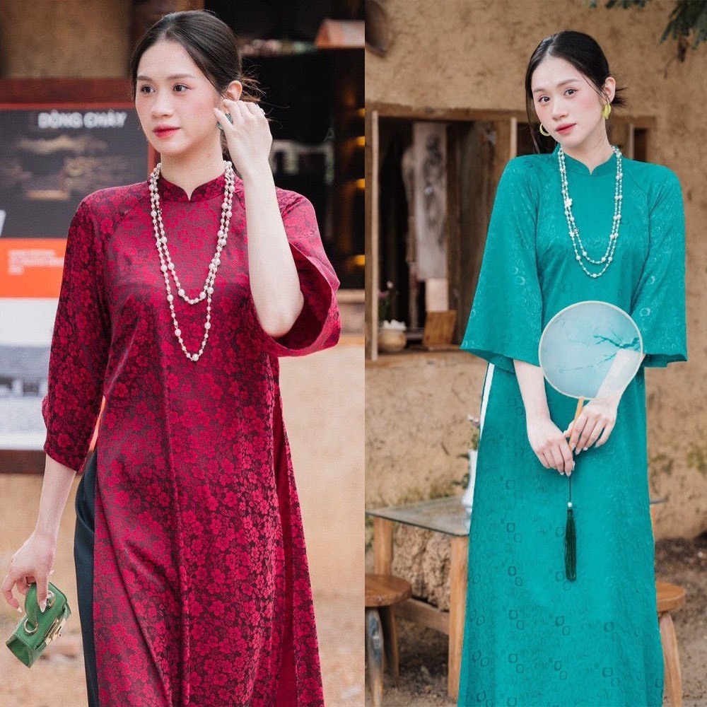 Áo dài gấm dáng suông MINISO 2024 màu xanh ngọc và đỏ đô cổ 2p sang trọng