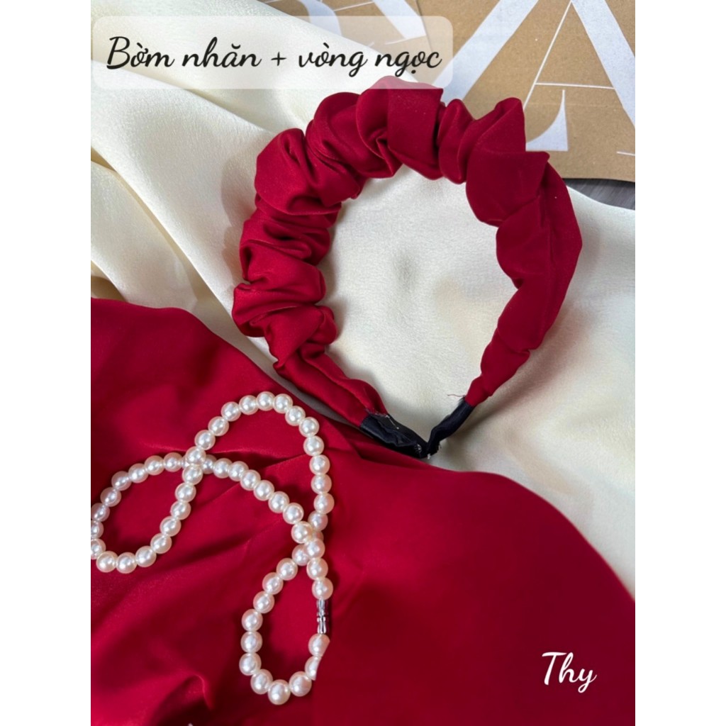 Set áo dài đỏ lụa mềm mại siêu mát bé gái kèm cài tóc và vòng hạt size 100-150